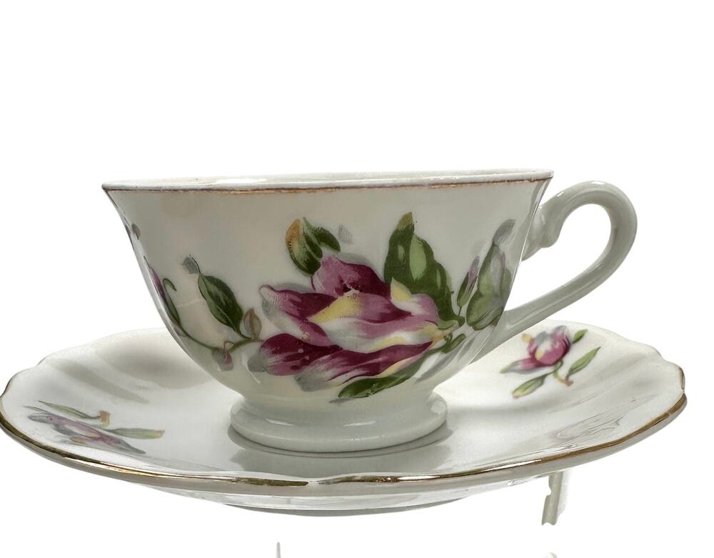 Vintage Japan Pink Magnolia Tea Cup & 4 Saucers Set Gold Trim Floral